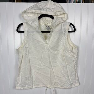 Linen Blend Sleeveless Hooded Top Drawstring Waist Cream Minimalist L (Fits M)